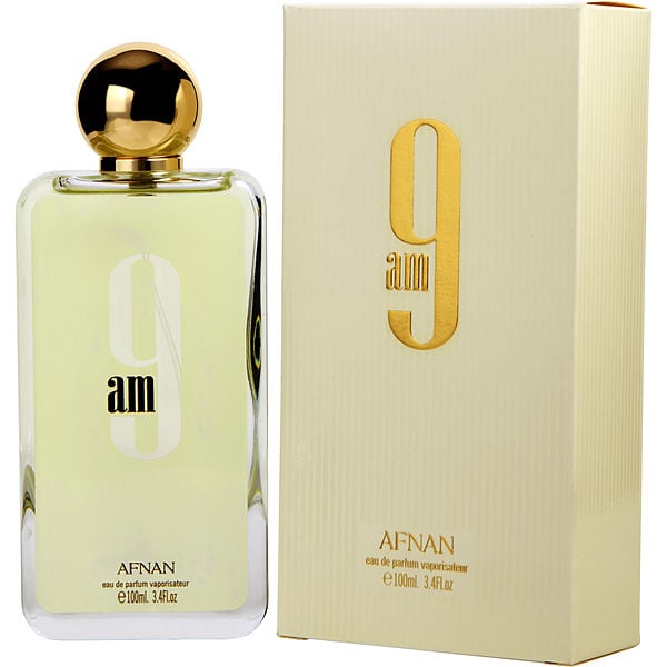 Botella de perfume Afnan 9 AM para hombre, de 3.4 oz, con un diseño de vidrio azul degradado y tapa plateada.