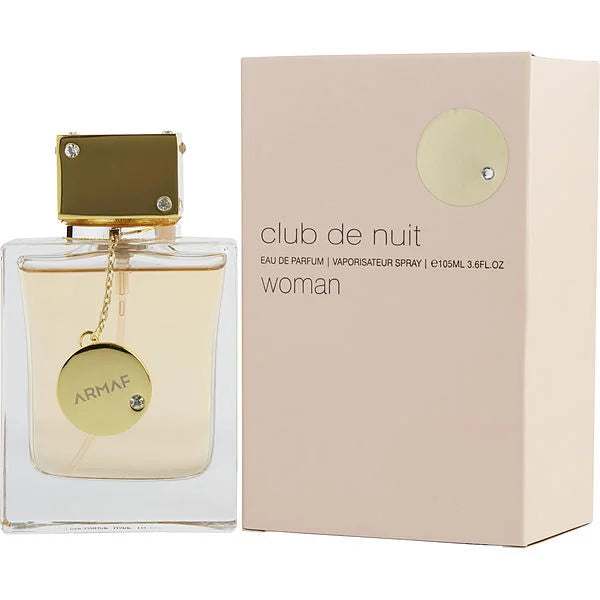 Botella de perfume Armaf Club de Nuit para mujer, de 3.6 oz, con un diseño de vidrio negro y detalles de joyas en la parte superior.