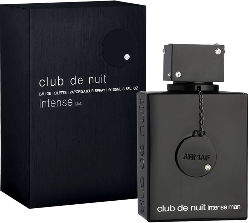Botella de perfume Armaf Club de Nuit Intense para hombre de 3.6 oz, con un diseño de vidrio negro y un collar de metal brillante alrededor del cuello.