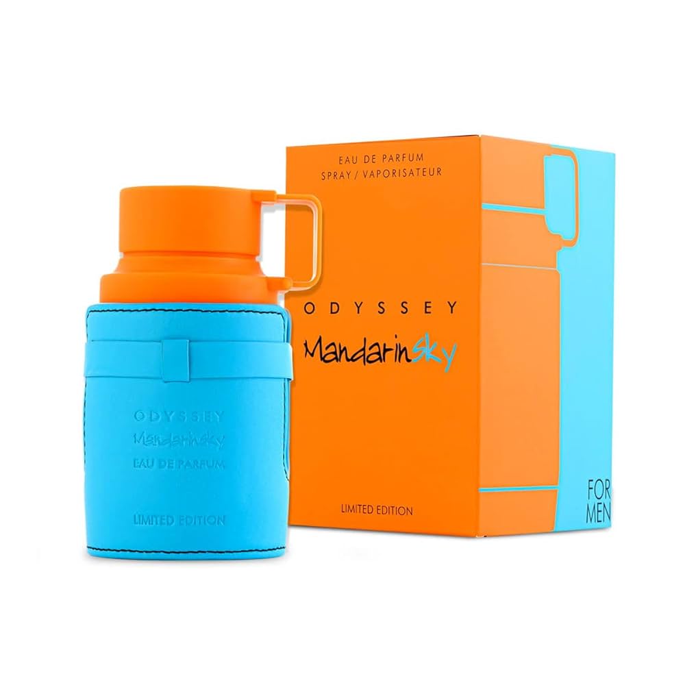 Botella de perfume Armaf Odyssey Mandarin Sky de 3.4 oz, con un diseño hexagonal y enérgico, en color naranja.