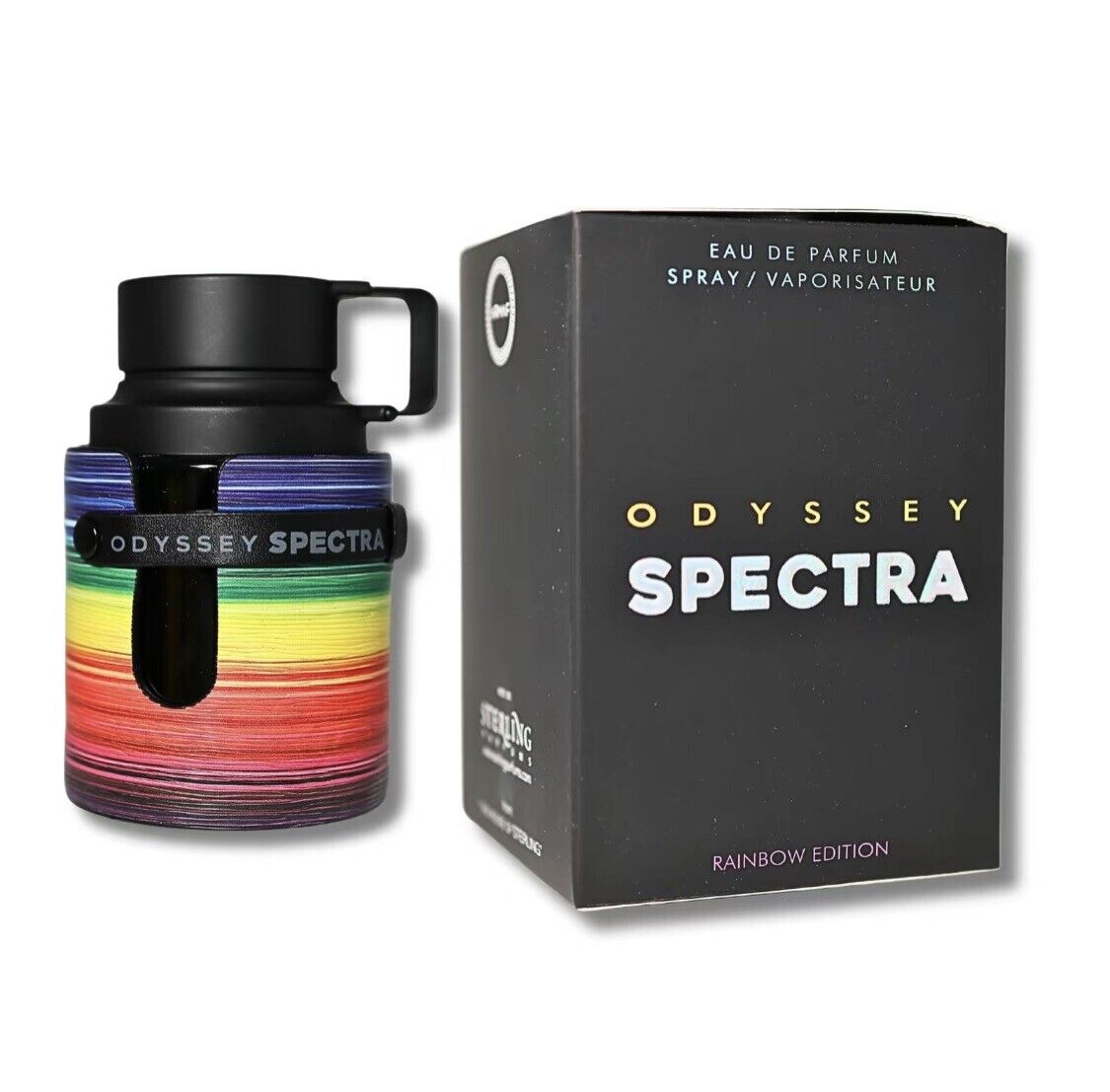 Botella de perfume Armaf Odyssey Spectra Rainbow Edition de 3.4 oz, con un diseño hexagonal en color azul y con un degradado de colores del arcoíris.