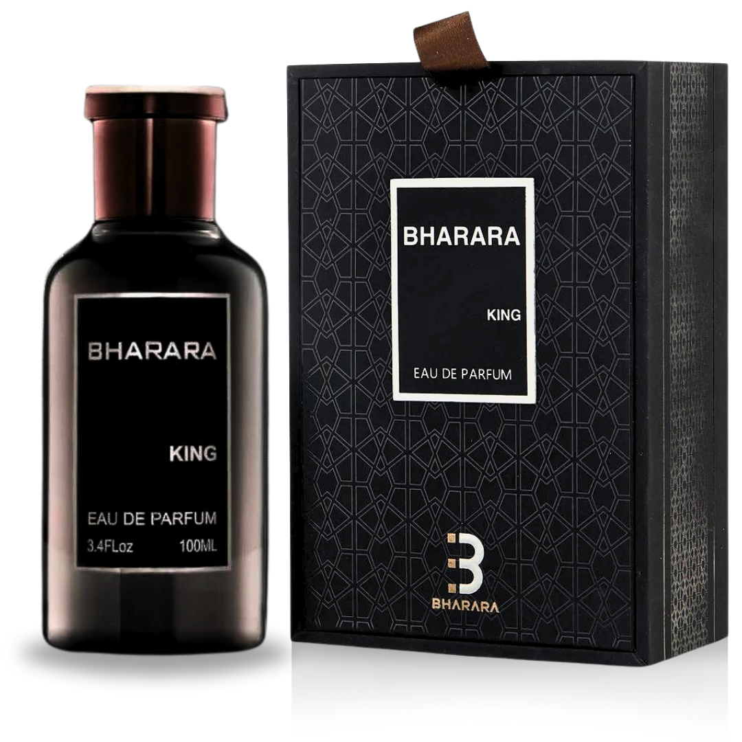 Botella de perfume Bharara King para hombre de 3.4 oz, con un diseño cilíndrico de color negro y detalles dorados en la base y la tapa.