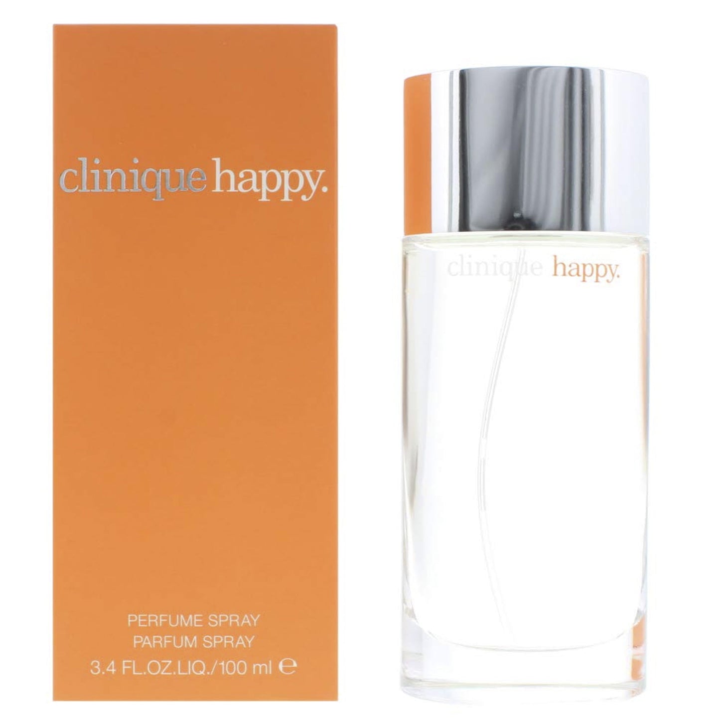 Botella de perfume Clinique Happy de 3.4 oz para mujer, con diseño cilíndrico y tapa plateada.
