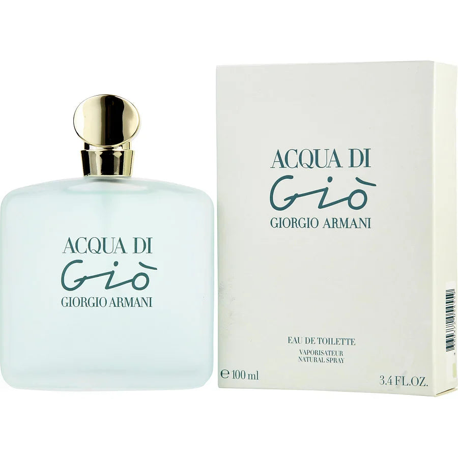 Botella de perfume Giorgio Armani Acqua di Gio de 3.4 oz para mujer, con un diseño simple y transparente.