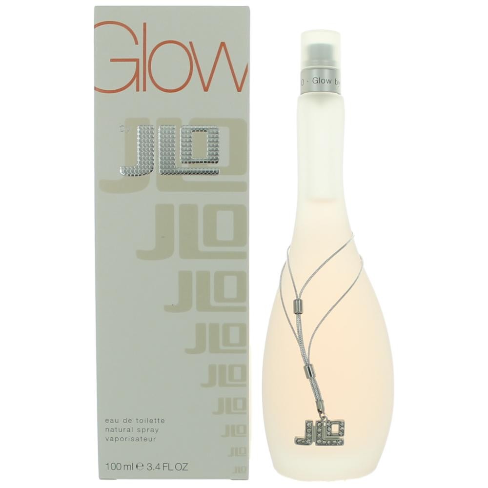 Botella de perfume J.Lo Glow de 3.4 oz para mujer, con un diseño curvo y una cadena de J.Lo.