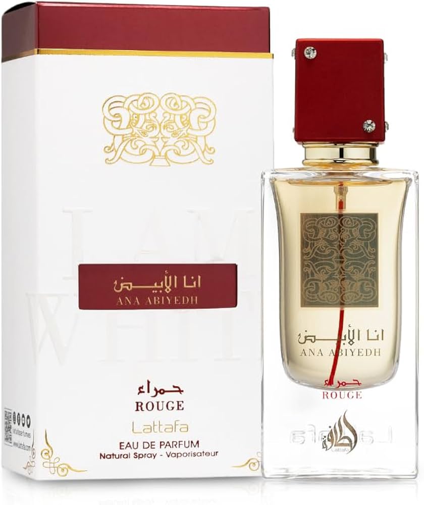Botella de perfume Lattafa Ana Abiyedh Rouge de 2.04 oz, con un diseño de vidrio rojo mate y una tapa transparente.