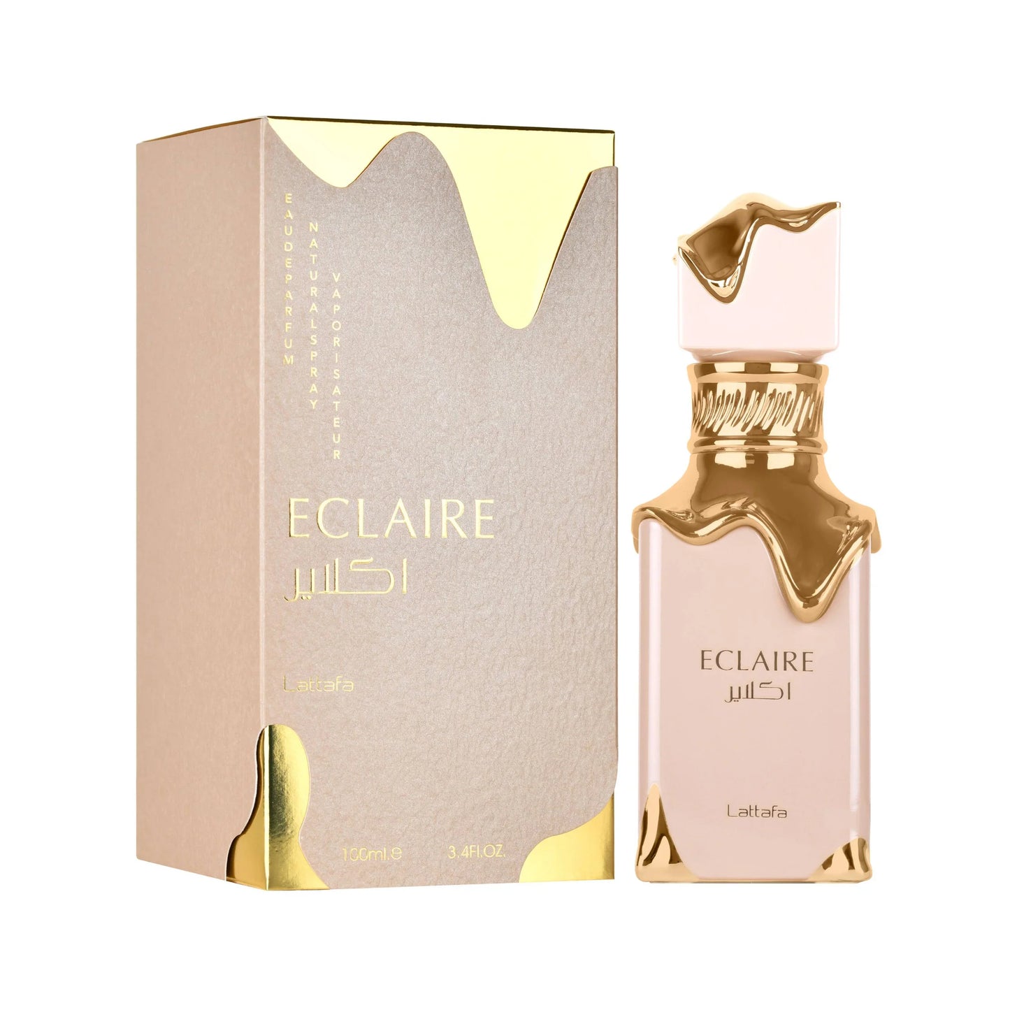 Botella de perfume Lattafa Eclaire de 3.4 oz, con un diseño de vidrio transparente y tapa dorada.