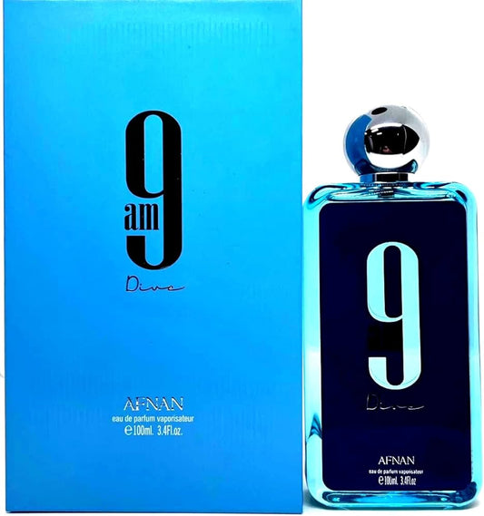 Botella de perfume Afnan 9AM Dive de 3.4 oz con un diseño rectangular de vidrio transparente y tapa plateada.
