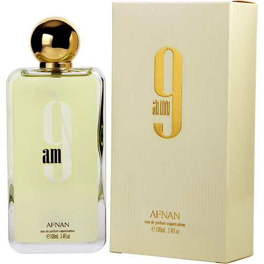 Botella de perfume Afnan 9 AM para hombre, de 3.4 oz, con un diseño de vidrio azul degradado y tapa plateada.