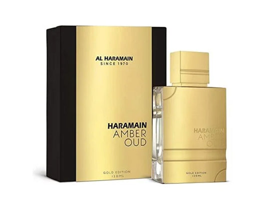 Botella de perfume Al Haramain Amber Oud Gold Edition de 4 oz, con un diseño rectangular de vidrio dorado y una tapa gruesa.