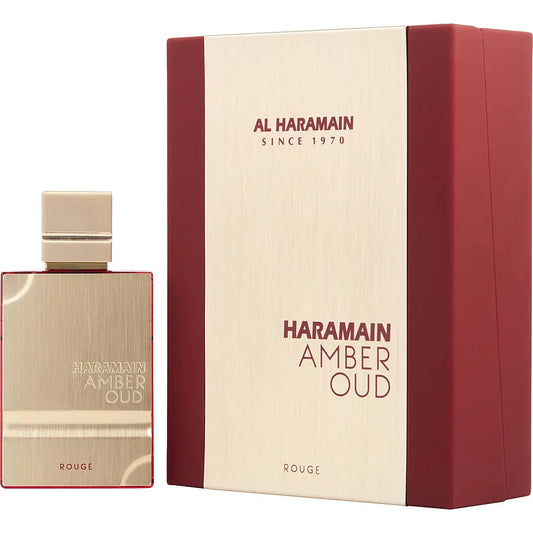 Botella de perfume Al Haramain Amber Oud Rouge de 4 oz, con un diseño rectangular de vidrio rojo oscuro y una tapa gruesa.