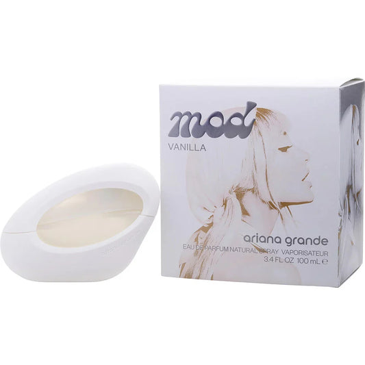 Descubre Ariana Grande Mod Vanilla, un Eau de Parfum de 3.4 oz. Compra ahora y disfruta de esta fragancia dulce y cálida con notas de vainilla y praliné, ideal para la mujer que busca confort.