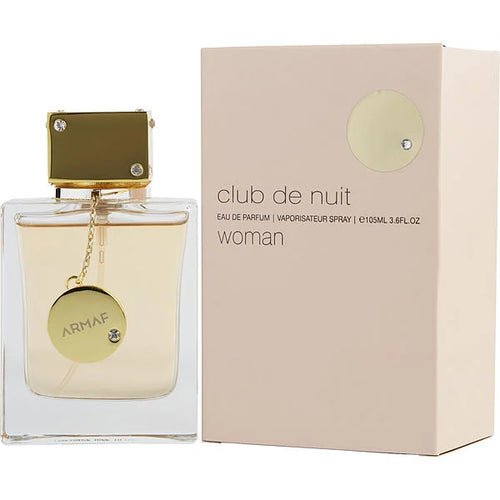 Botella de perfume Armaf Club de Nuit para mujer, de 3.6 oz, con un diseño de vidrio negro y detalles de joyas en la parte superior.