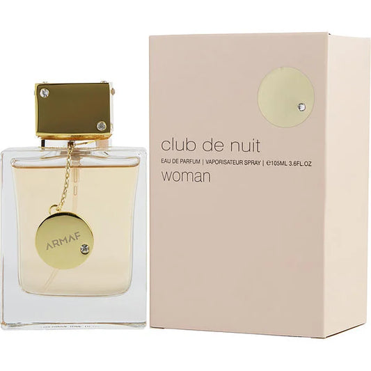 Botella de perfume Armaf Club de Nuit para mujer, de 3.6 oz, con un diseño de vidrio negro y detalles de joyas en la parte superior.