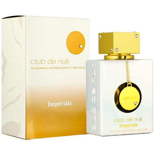 Botella de perfume Armaf Club de Nuit Imperiale para mujer, de 3.6 oz, con un diseño de vidrio negro y un collar de metal brillante alrededor del cuello.
