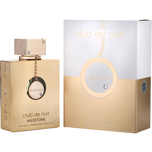 Botella de perfume Armaf Club de Nuit Milestone de 3.6 oz, con un diseño plateado y grabado, y una tapa redonda.