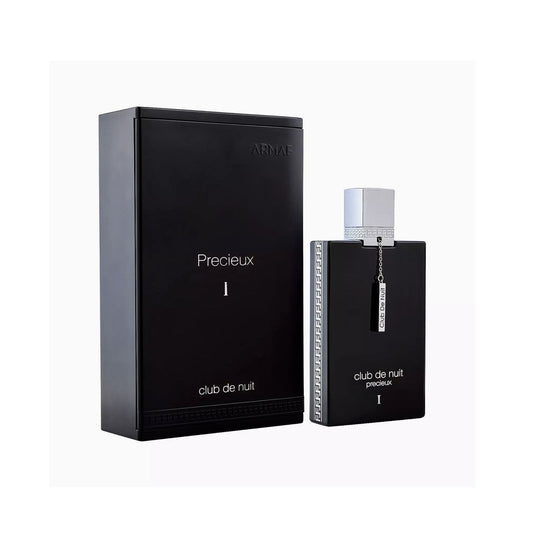 Botella de perfume Armaf Club de Nuit Precieux I de 1.85 oz, con un diseño de vidrio negro y tapa dorada.