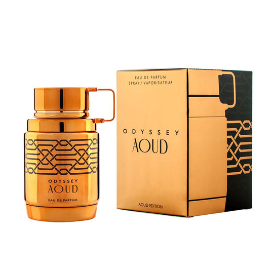 Botella de perfume Armaf Odyssey Aoud Edition de 3.4 oz, con un diseño cilíndrico de color oscuro y un tapón pesado de metal.