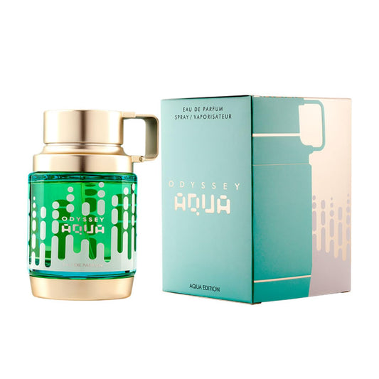 Botella de perfume Armaf Odyssey Aqua Edition de 3.4 oz, con un diseño cilíndrico de vidrio azul transparente y una tapa metálica.