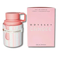 Botella de perfume Armaf Odyssey Candee Special Edition para mujer de 3.4 oz, con un diseño cilíndrico de vidrio transparente y tapa en forma de corona.