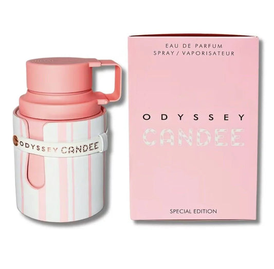 Botella de perfume Armaf Odyssey Candee Special Edition para mujer de 3.4 oz, con un diseño cilíndrico de vidrio transparente y tapa en forma de corona.