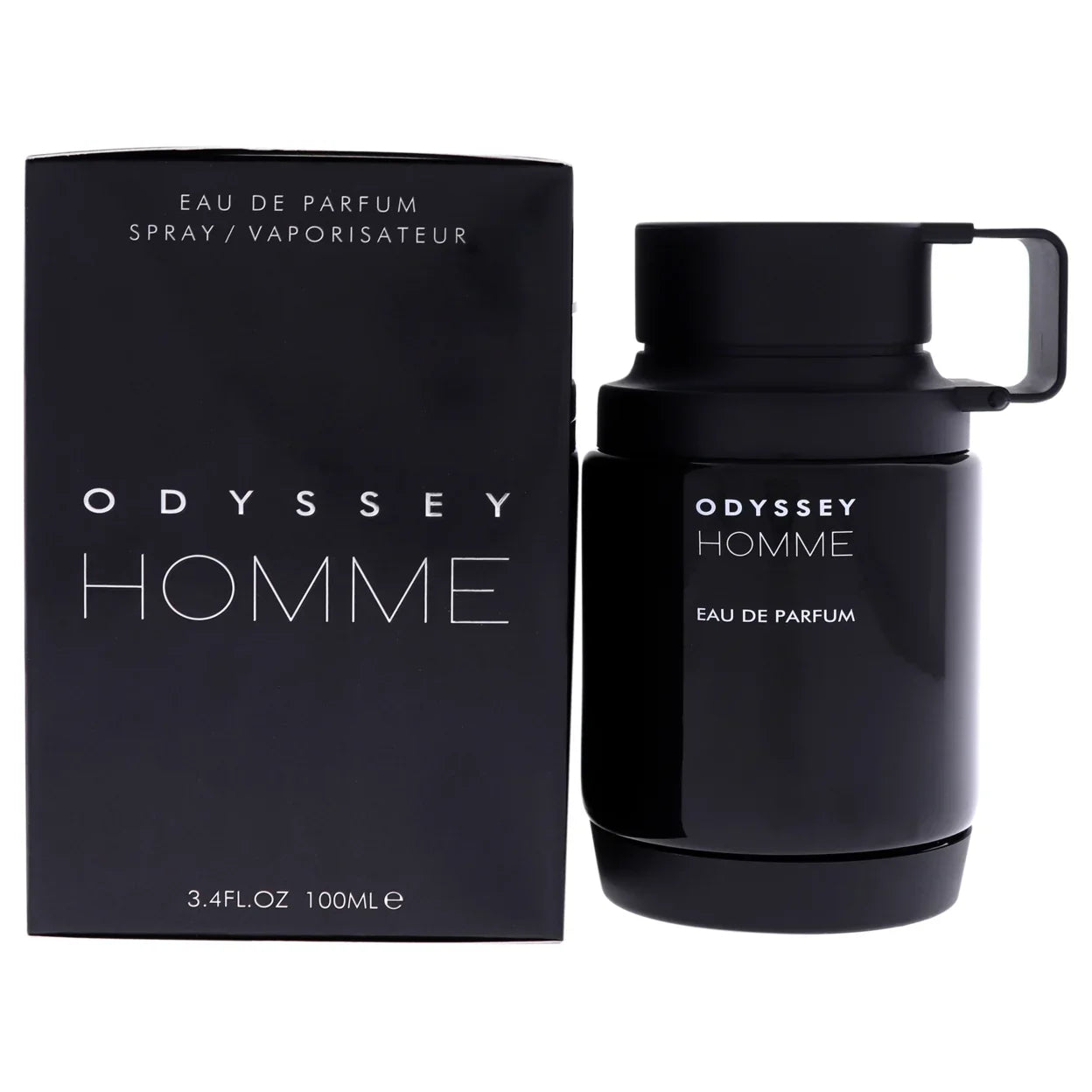 Botella de perfume Armaf Odyssey Homme Black de 3.4 oz, con un diseño negro, hexagonal y elegante.