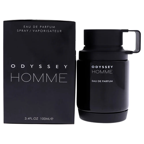 Botella de perfume Armaf Odyssey Homme Black de 3.4 oz, con un diseño negro, hexagonal y elegante.