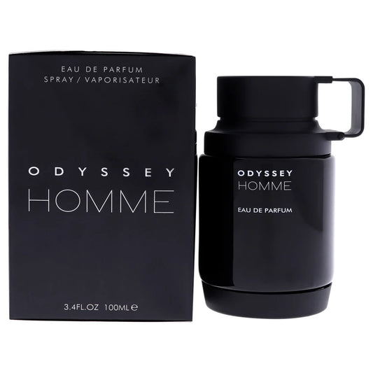 Botella de perfume Armaf Odyssey Homme Black de 3.4 oz, con un diseño negro, hexagonal y elegante.
