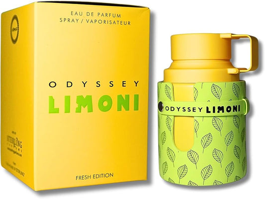 Botella de perfume Armaf Odyssey Limoni Fresh Edition de 3.4 oz, con un diseño hexagonal y vibrante, en color amarillo.