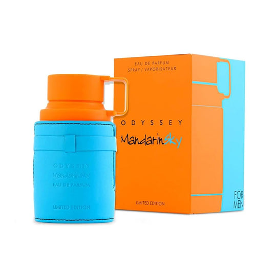Botella de perfume Armaf Odyssey Mandarin Sky de 3.4 oz, con un diseño hexagonal y enérgico, en color naranja.