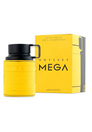 Botella de perfume Armaf Odyssey Mega Limited Edition de 3.4 oz, con un diseño hexagonal y lujoso, en color negro y con detalles dorados.