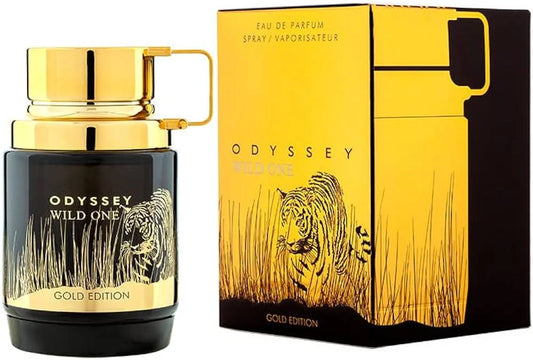 Botella de perfume Armaf Odyssey Wild One Gold Edition de 3.4 oz, con un diseño hexagonal y con una textura que parece animal print dorado.