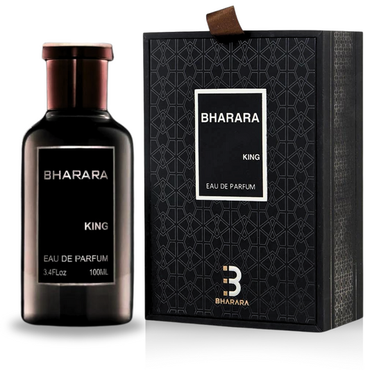 Botella de perfume Bharara King para hombre de 3.4 oz, con un diseño cilíndrico de color negro y detalles dorados en la base y la tapa.