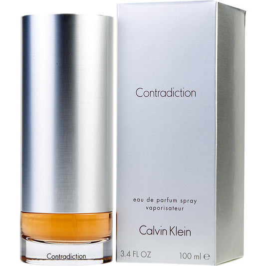 Botella de perfume Calvin Klein Contradiction de 3.4 oz para mujer, con diseño cilíndrico de vidrio transparente.