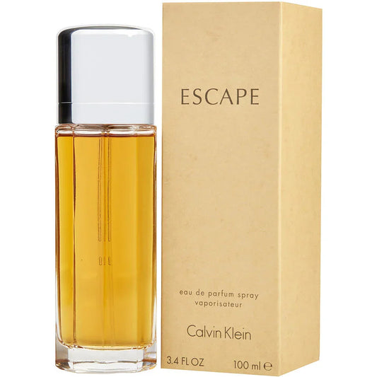 Botella de perfume Calvin Klein Escape de 3.4 oz para mujer, con diseño de vidrio curvo.