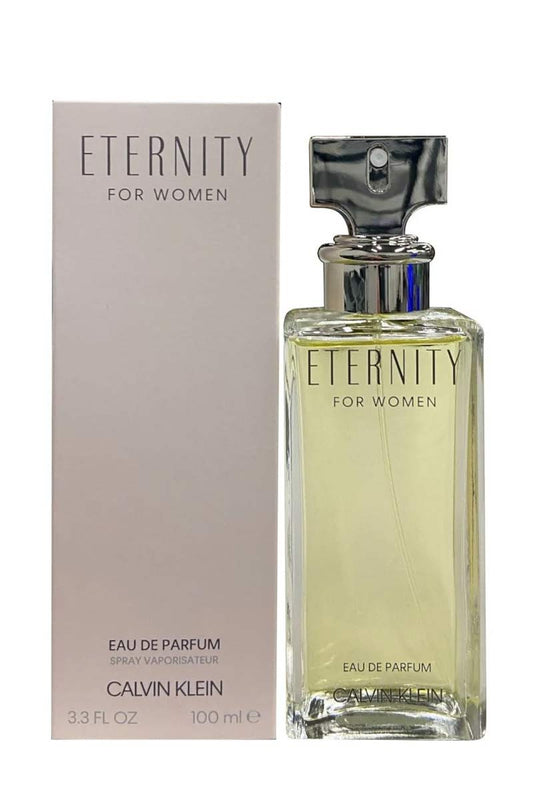Botella de perfume Calvin Klein Eternity de 3.3 oz para mujer, con un diseño rectangular y minimalista.