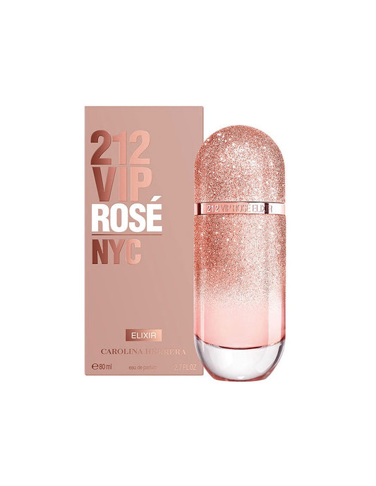 Botella de perfume Carolina Herrera 212 VIP Rose Elixir de 2.7 oz para mujer, con diseño de cápsula metálica rosa.