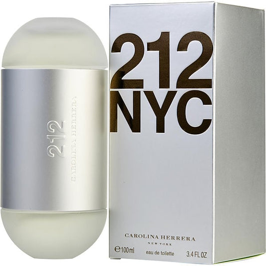 Botella de perfume Carolina Herrera 212 de 3.4 oz para mujer, con diseño de cilindro metálico y dos compartimentos.