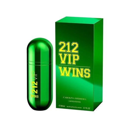 Botella de perfume Carolina Herrera 212 VIP Wins de 2.7 oz para mujer, con diseño en color verde metálico.
