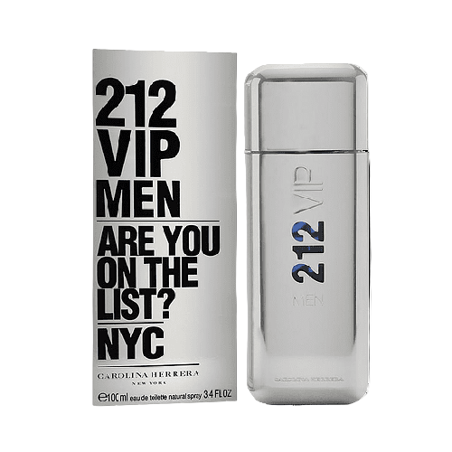 Descubre Carolina Herrera 212 VIP, un Eau de Toilette de 3.4 oz para hombre. Compra esta fragancia audaz con notas de gin y vodka, ideal para las noches de fiesta.
