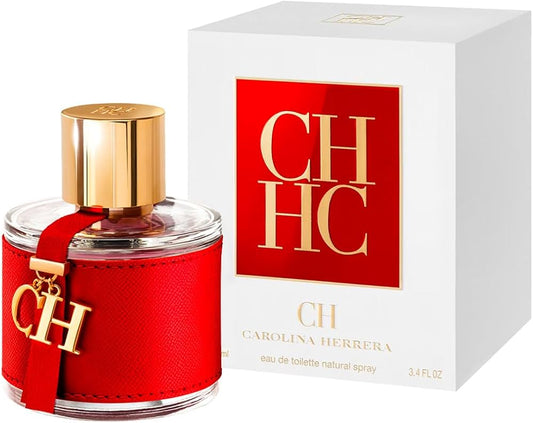 Botella de perfume Carolina Herrera CH de 3.4 oz para mujer, con diseño cilíndrico y lazo de cuero.