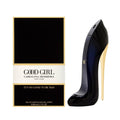 Botella de perfume Carolina Herrera Good Girl de 2.7 oz para mujer, con la icónica forma de un tacón de aguja azul oscuro.