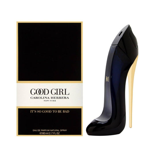 Botella de perfume Carolina Herrera Good Girl de 2.7 oz para mujer, con la icónica forma de un tacón de aguja azul oscuro.