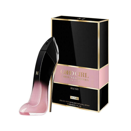 Botella de perfume Carolina Herrera Good Girl Blush Elixir de 2.7 oz para mujer, con la forma de un tacón de aguja rosa claro.