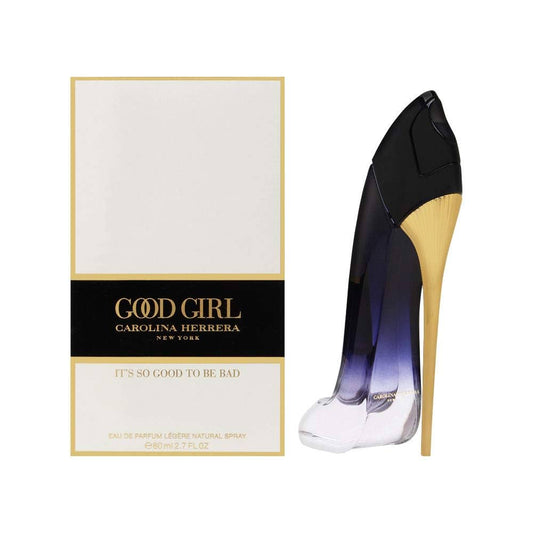Botella de perfume Carolina Herrera Good Girl Legere de 2.7 oz para mujer, con la forma de un tacón de aguja dorado y transparente.