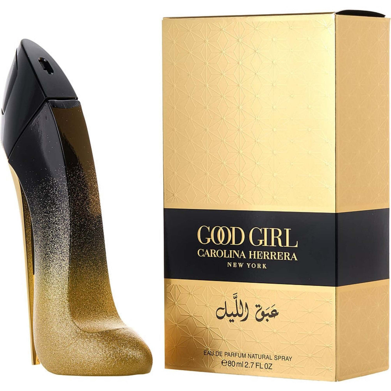 Botella de perfume Carolina Herrera Good Girl Midnight de 2.7 oz para mujer, con la forma de un tacón de aguja negro y brillante.