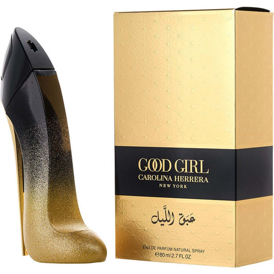 Botella de perfume Carolina Herrera Good Girl Midnight de 2.7 oz para mujer, con la forma de un tacón de aguja negro y brillante.