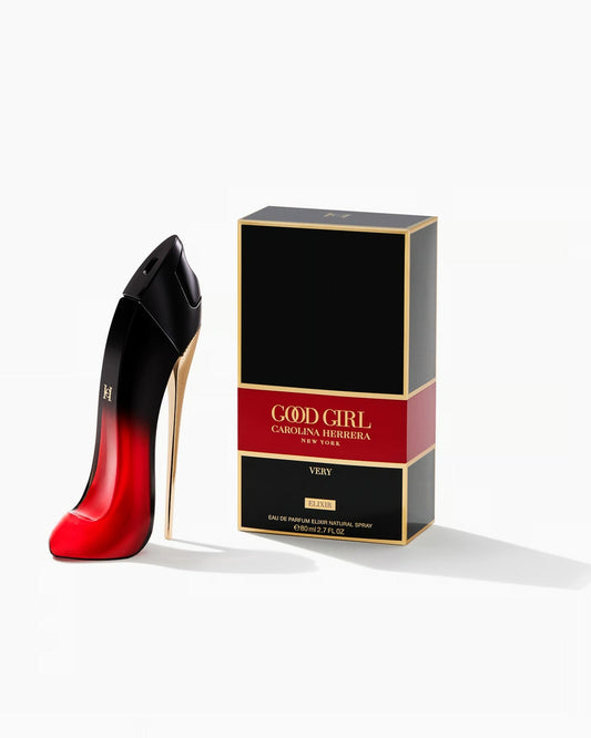 Botella de perfume Carolina Herrera Very Good Girl Elixir de 2.7 oz para mujer, con la forma de un tacón de aguja rojo oscuro.