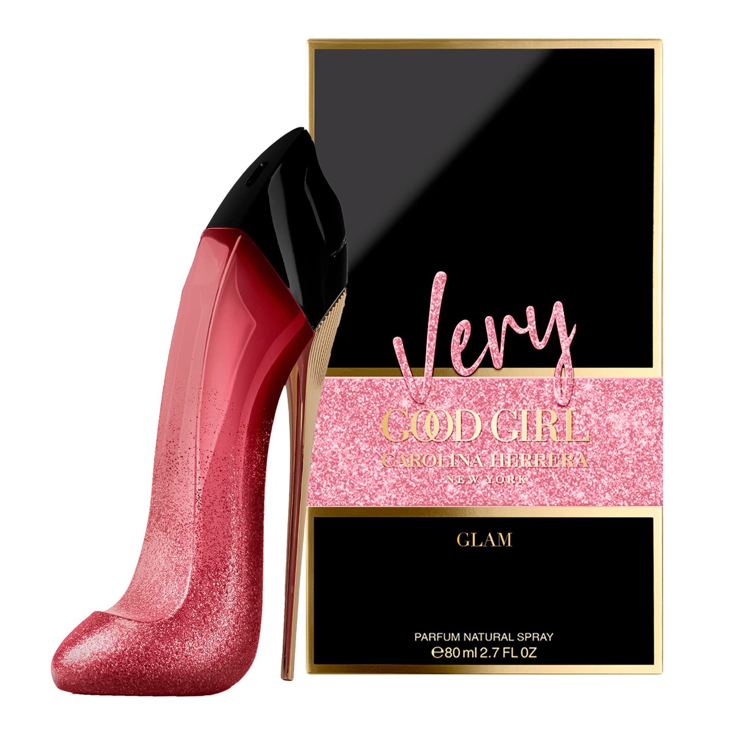 Botella de perfume Carolina Herrera Very Good Girl Glam de 2.7 oz para mujer, con la forma de un tacón de aguja rosa brillante.