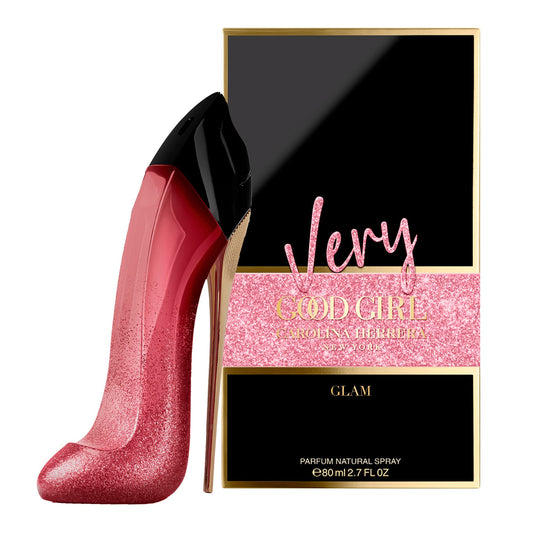 Botella de perfume Carolina Herrera Very Good Girl Glam de 2.7 oz para mujer, con la forma de un tacón de aguja rosa brillante.
